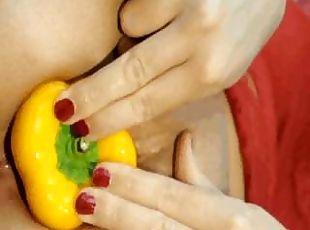 Nasty bitch stuffs various vegetables in her pussy and ass