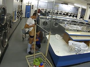 Sexy kinky GF blows juicy penis of her buddy being in public laundry